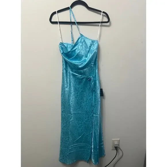 Lulus Blue Floral Jacquard One-Shoulder Midi Dress Sz M $88 MSRP - Picture 2 of 5